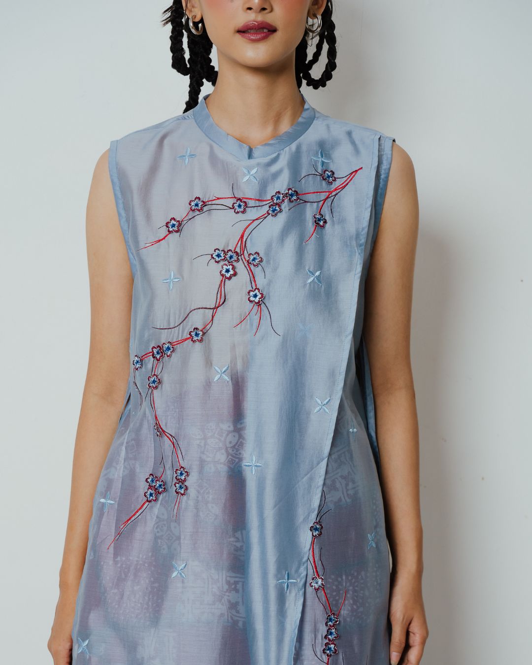 BOOLAO Long Vest Sakura 3D Embroidery - Denim Blue