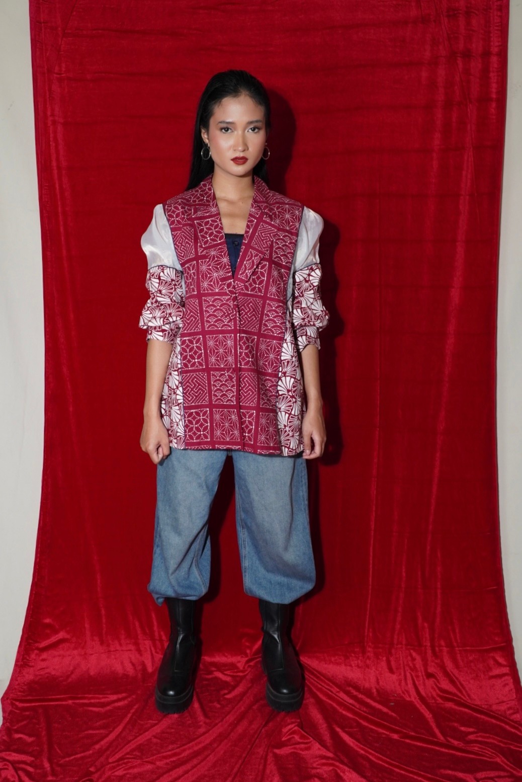 BOOLAO Blazer Organza Sashiko Batik - Maroon