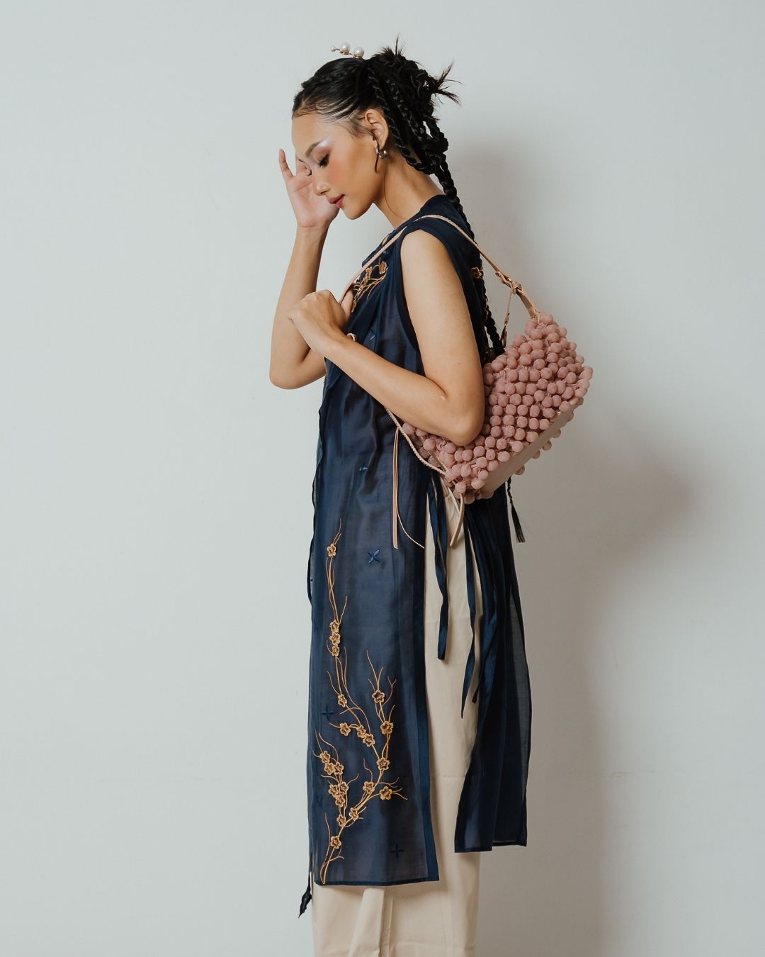 BOOLAO Long Vest Sakura 3D Embroidery - Dark Blue