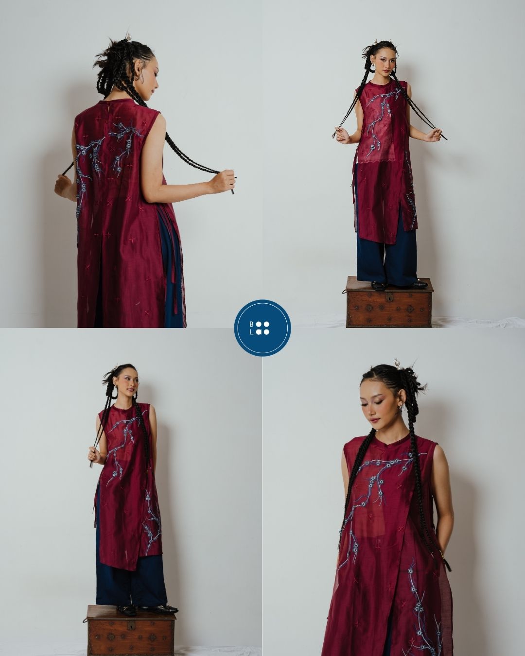 BOOLAO Long Vest Sakura 3D Embroidery - Red Wine