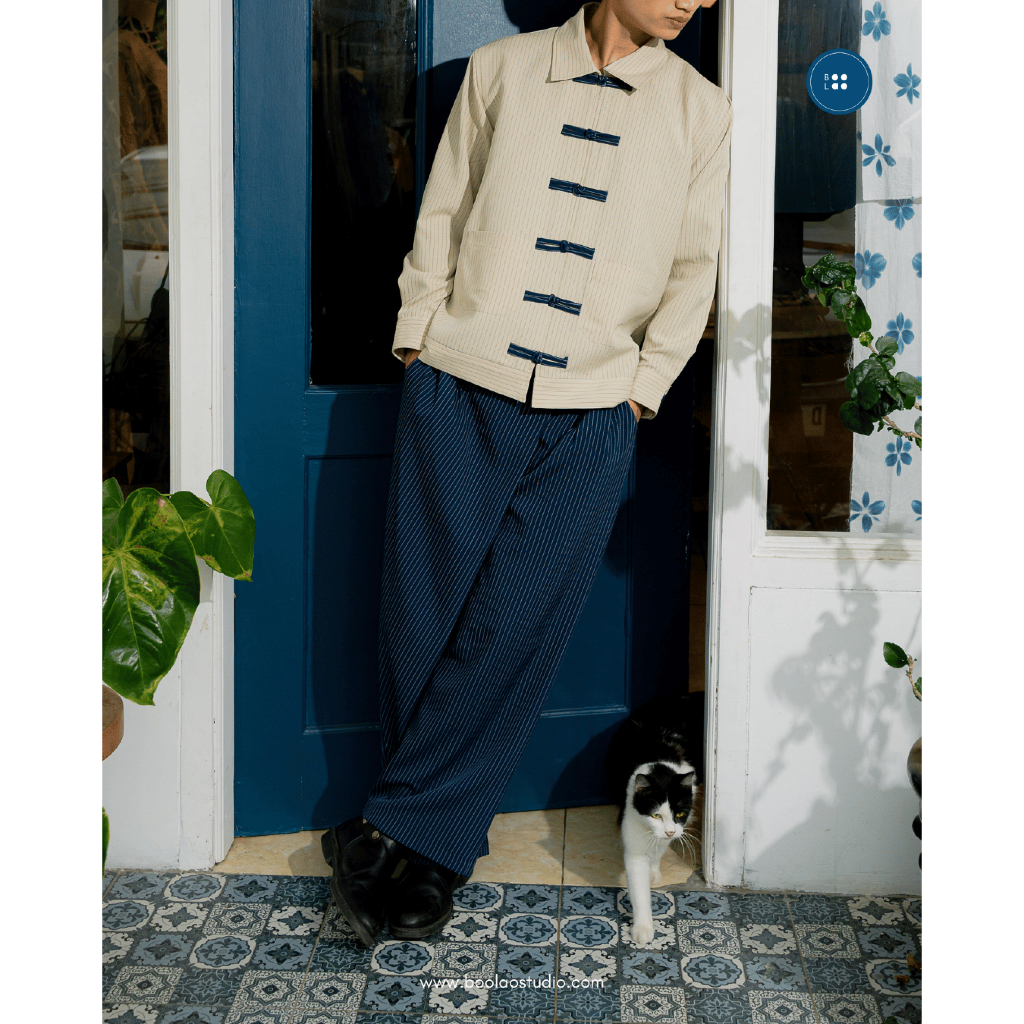 BOOLAO Overlap Stripes Pants - Navy