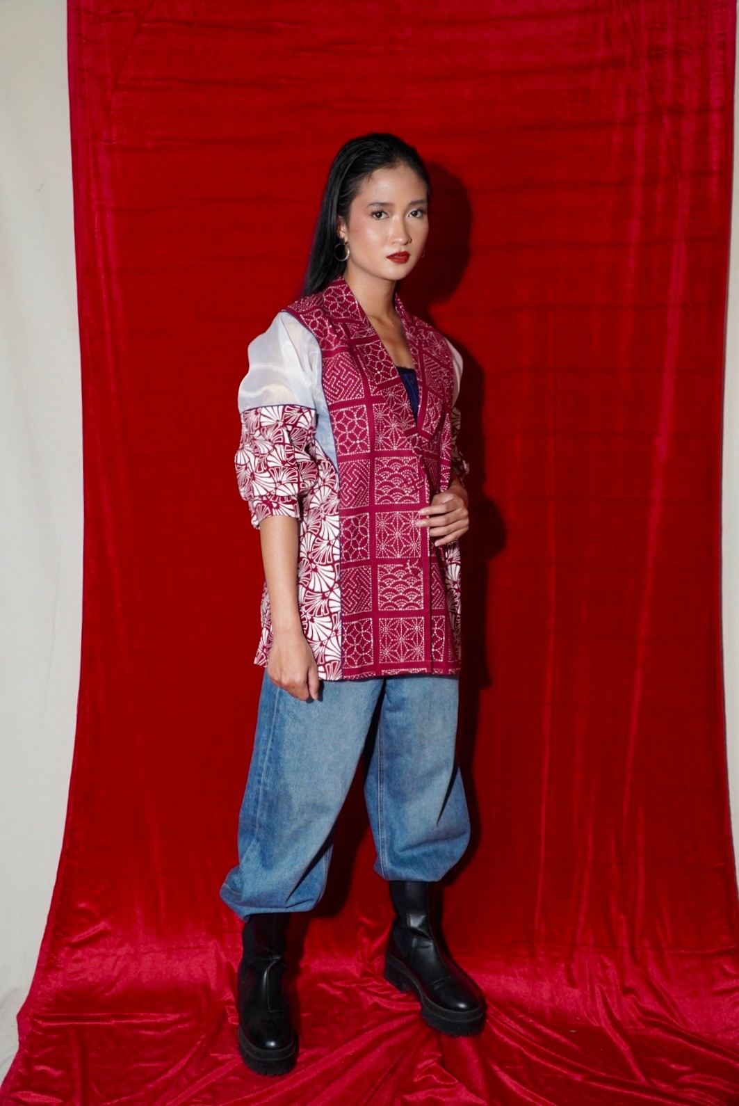 BOOLAO Blazer Organza Sashiko Batik - Maroon