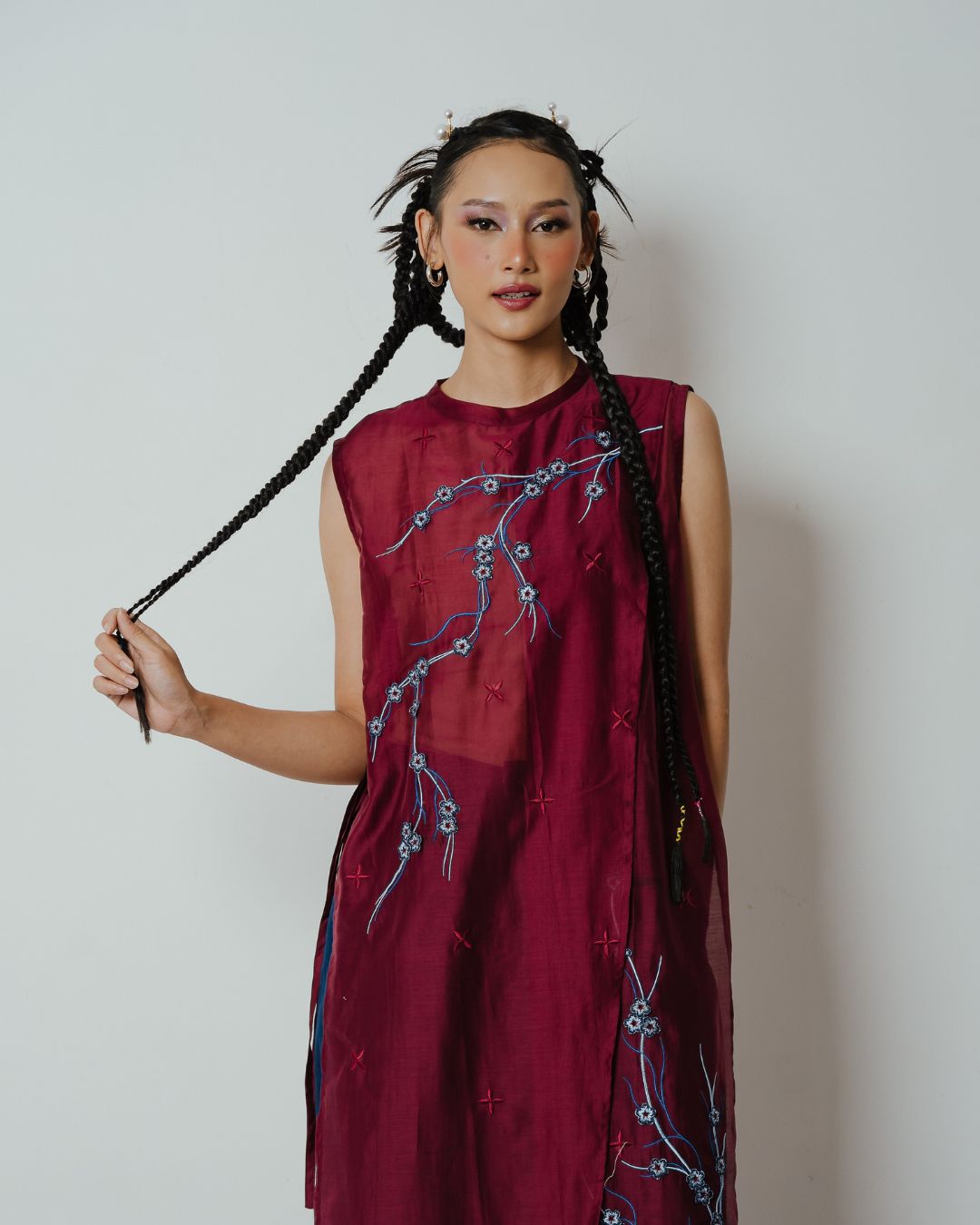 BOOLAO Long Vest Sakura 3D Embroidery - Red Wine