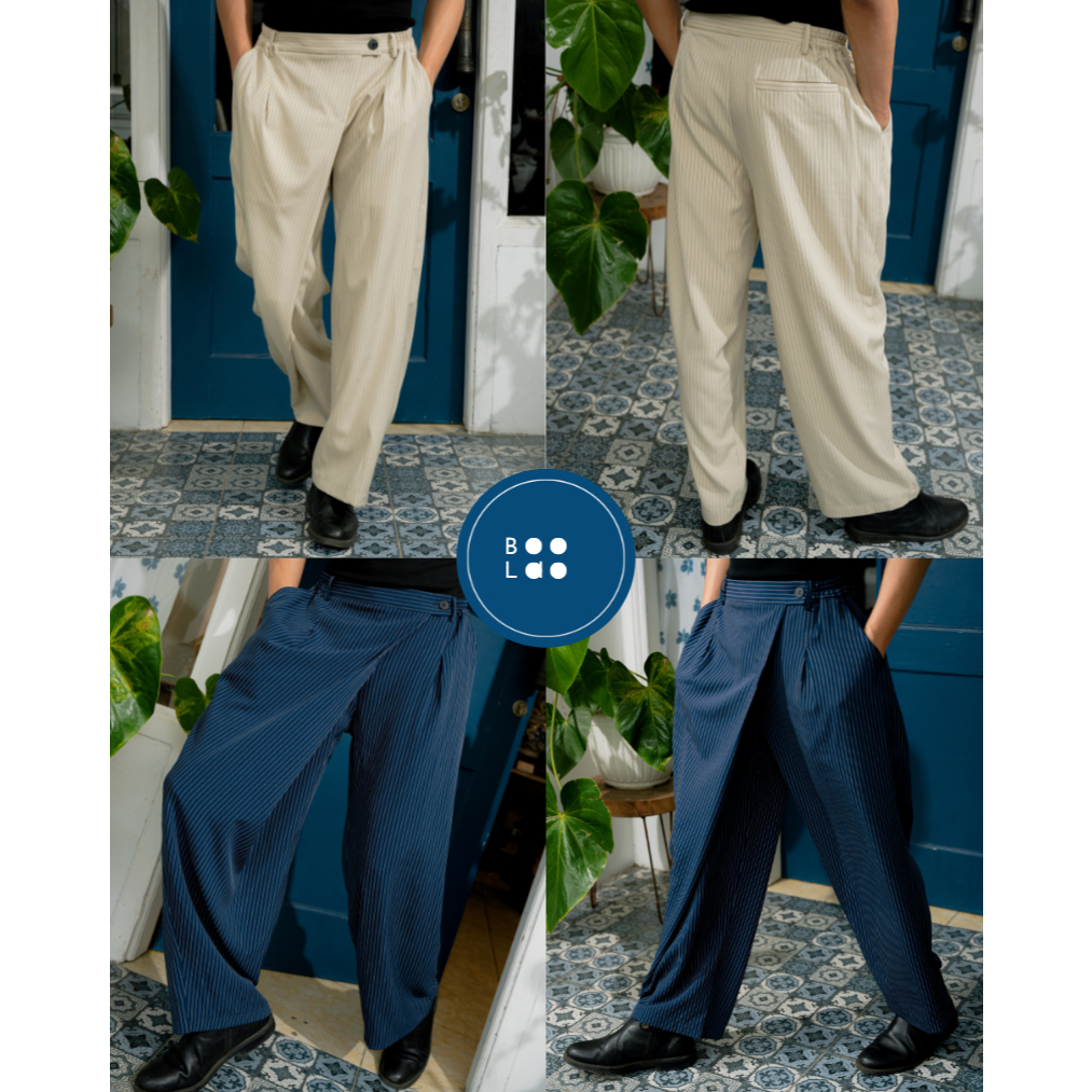BOOLAO Overlap Stripes Pants - Navy