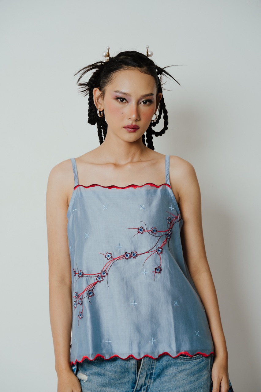 BOOLAO Camisole Sakura 3D Embroidery - Denim blue