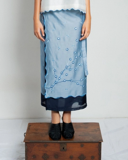 BOOLAO Sakura Saroong Wrap Skirt - Denim Blue