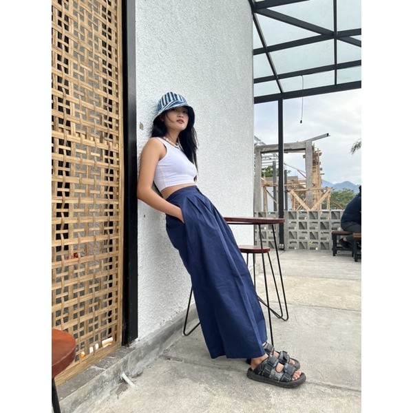 BOOLAO Hakama Pants - Navy (Celana Pallazo Kulot Linen Polos)