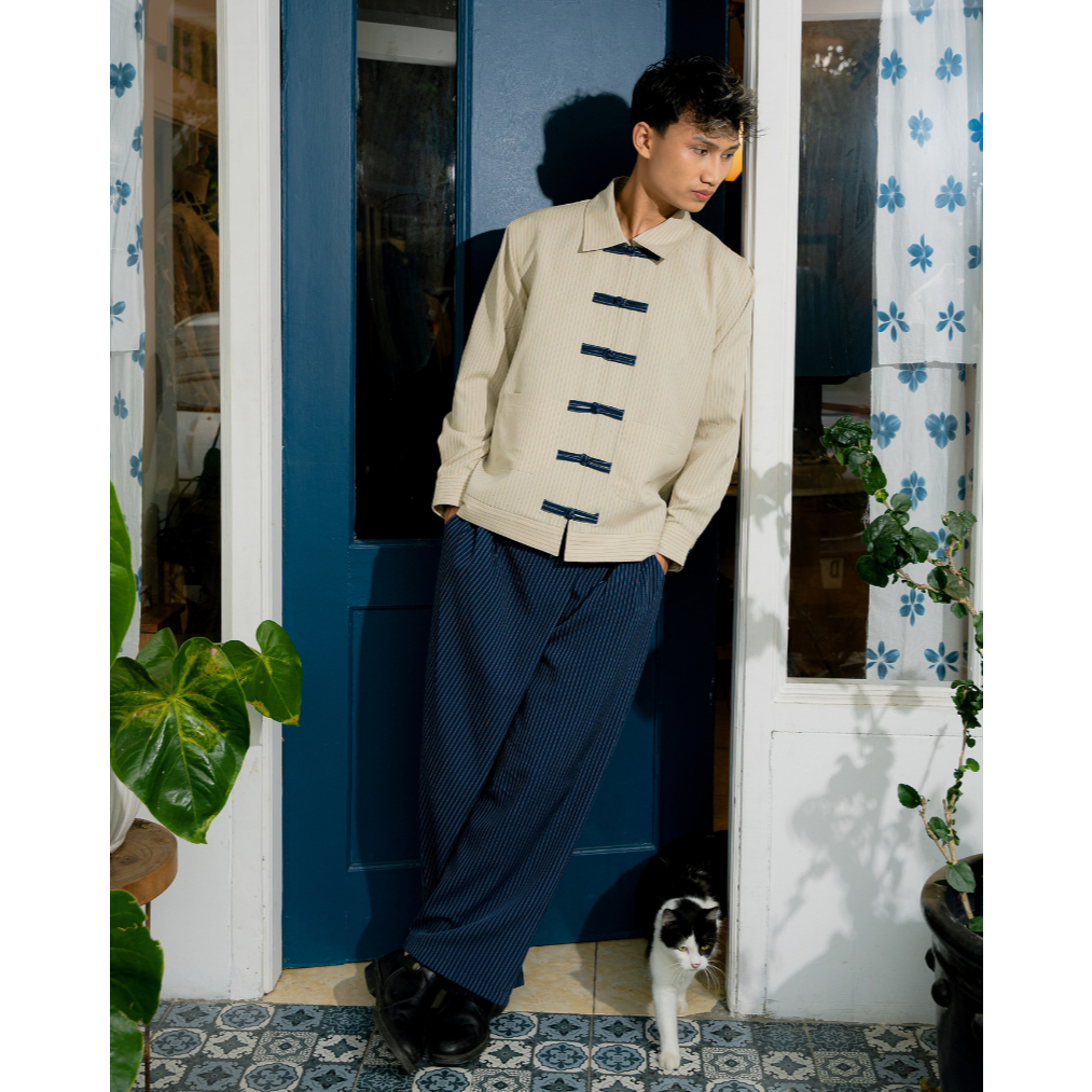 BOOLAO Overlap Stripes Pants - Navy