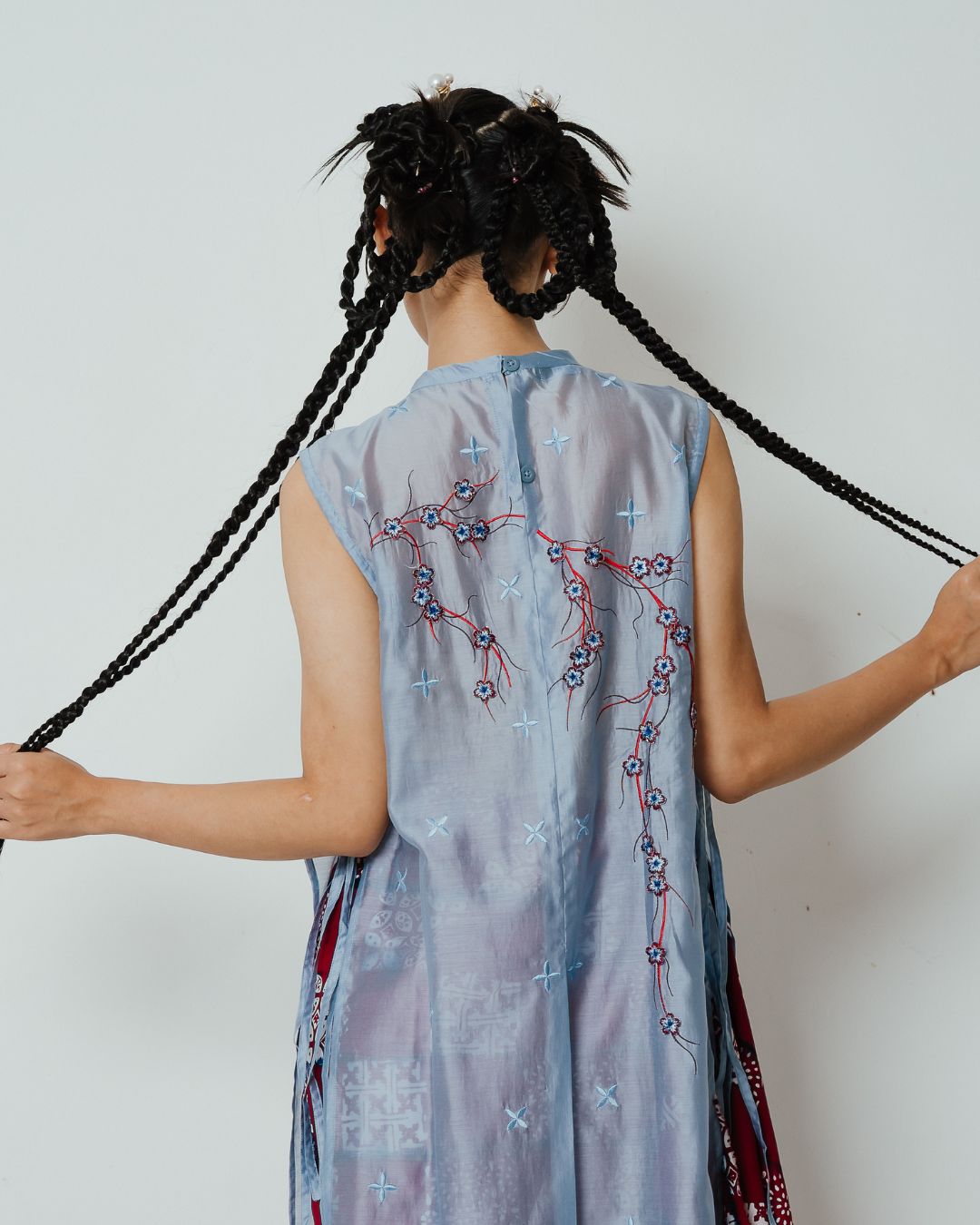 BOOLAO Long Vest Sakura 3D Embroidery - Denim Blue