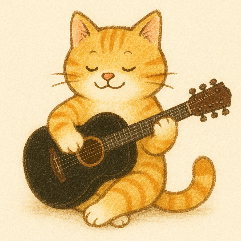 A cat holding a wooden guitar!