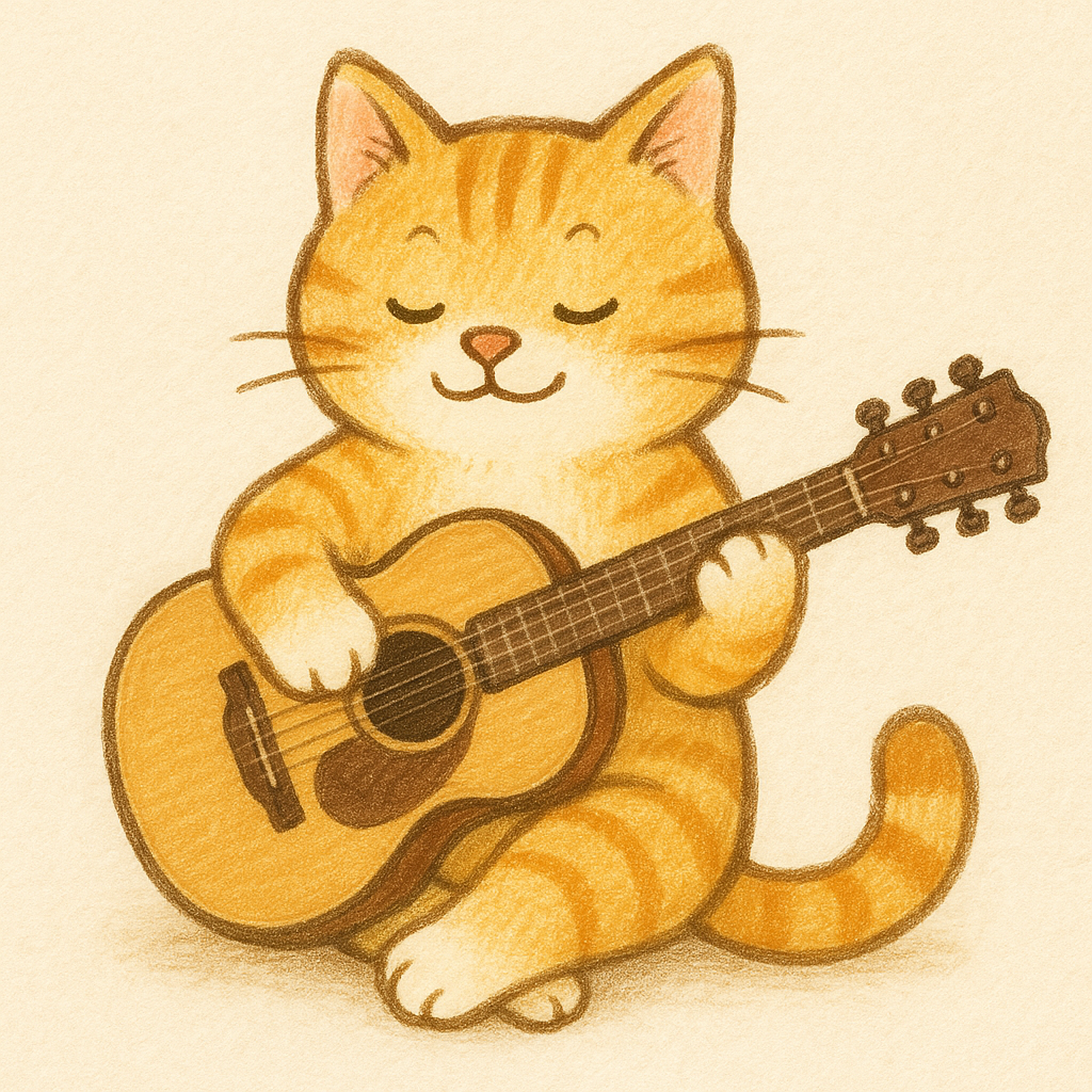 A cat holding a wooden guitar!