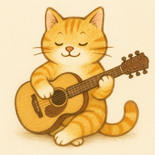 Image of A cat holding a wooden guitar!