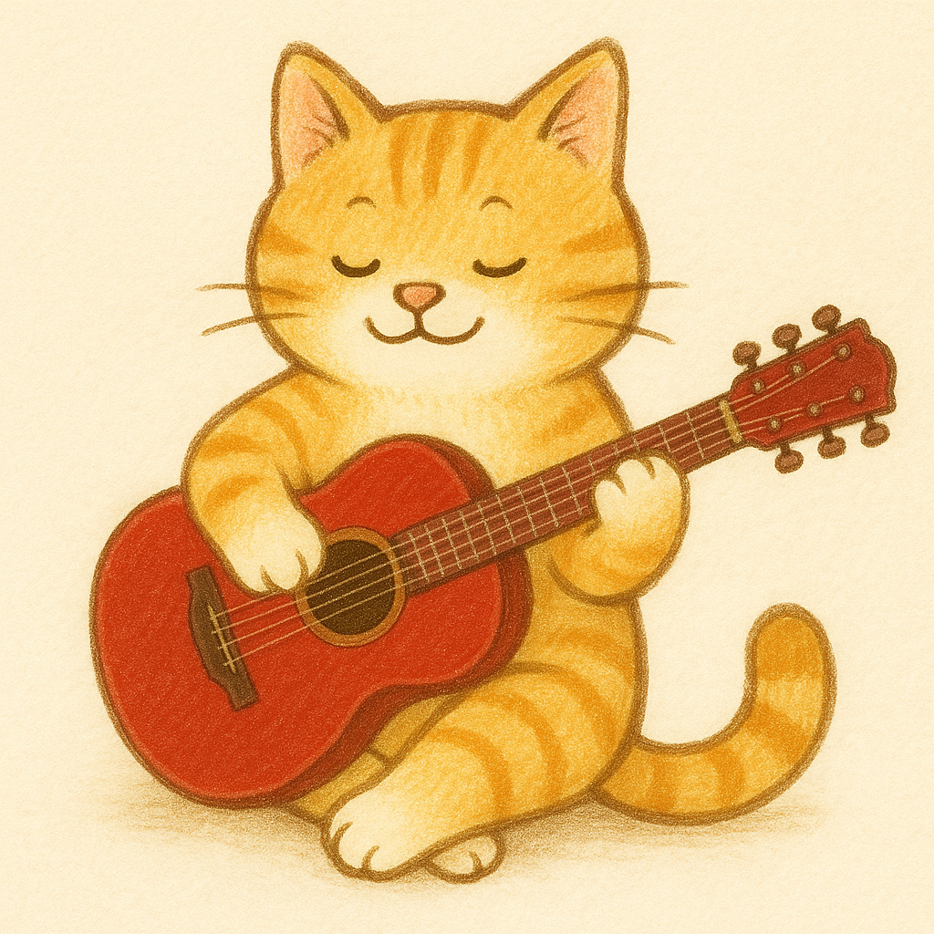 A cat holding a wooden guitar!