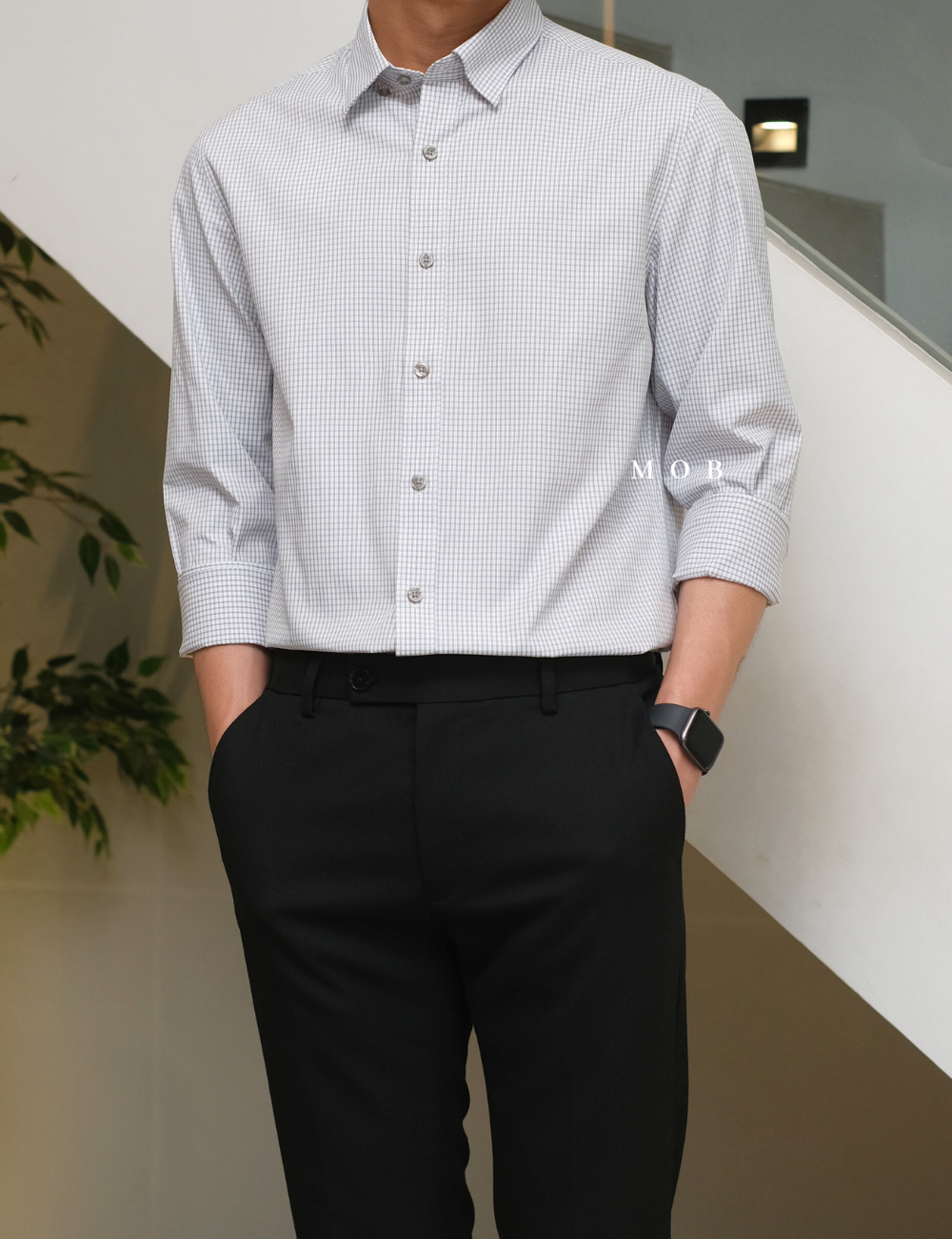 LZLSS01006A Slim LS Shirt White Grey Gingham