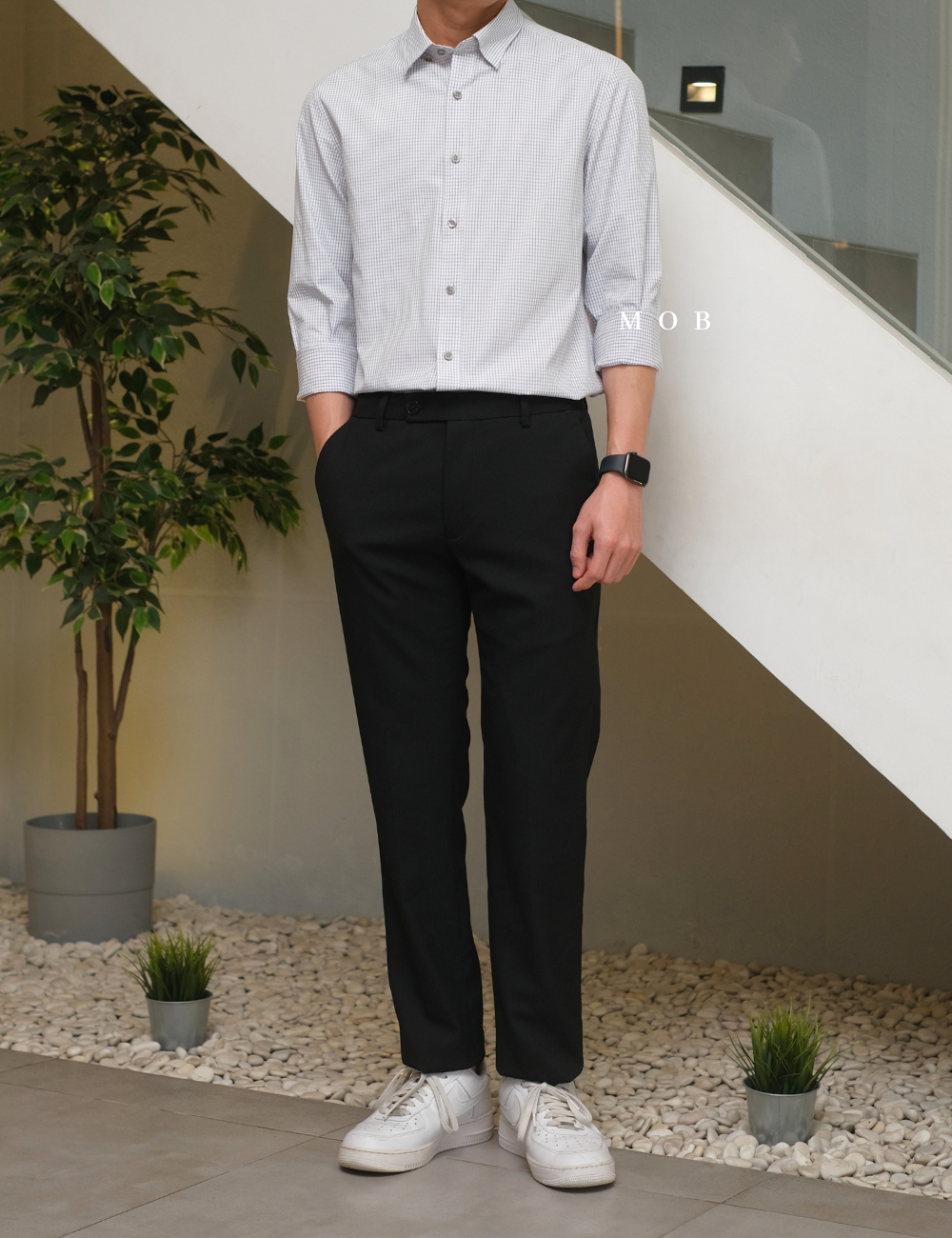 LZLSS01006A Slim LS Shirt White Grey Gingham