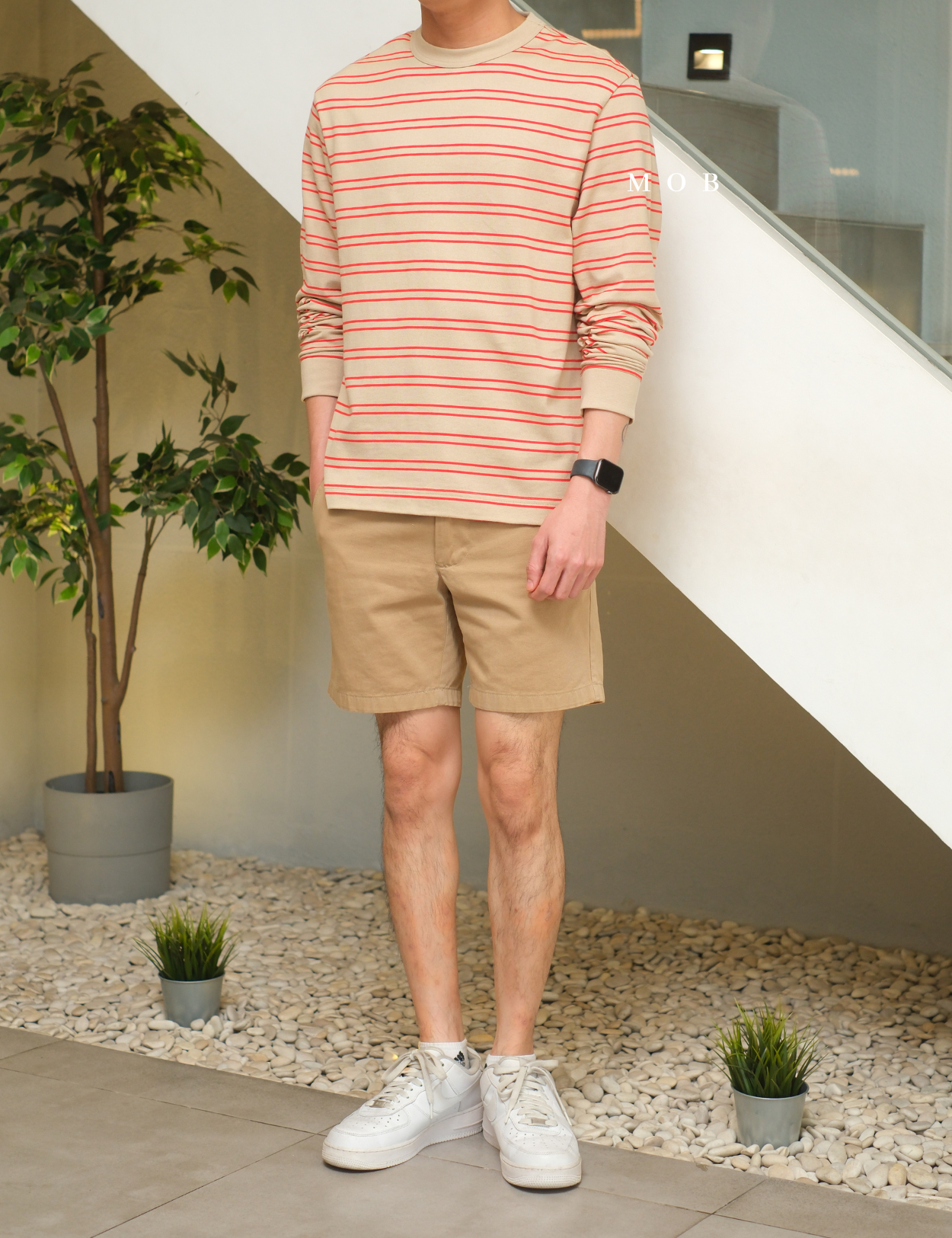 MODLST01001A Relaxed Stripe LS Tee Beige Red