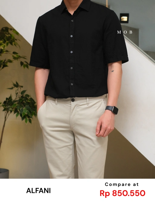 Image of AFSSS01004B Solid Textured SS Shirt Black