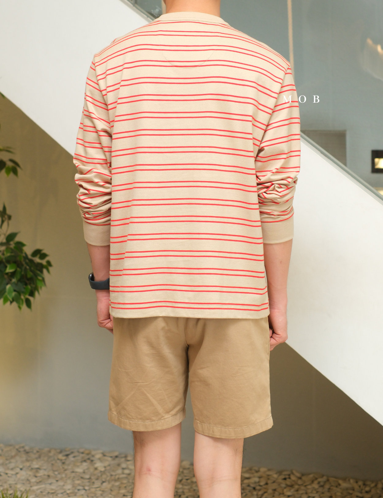 MODLST01001A Relaxed Stripe LS Tee Beige Red