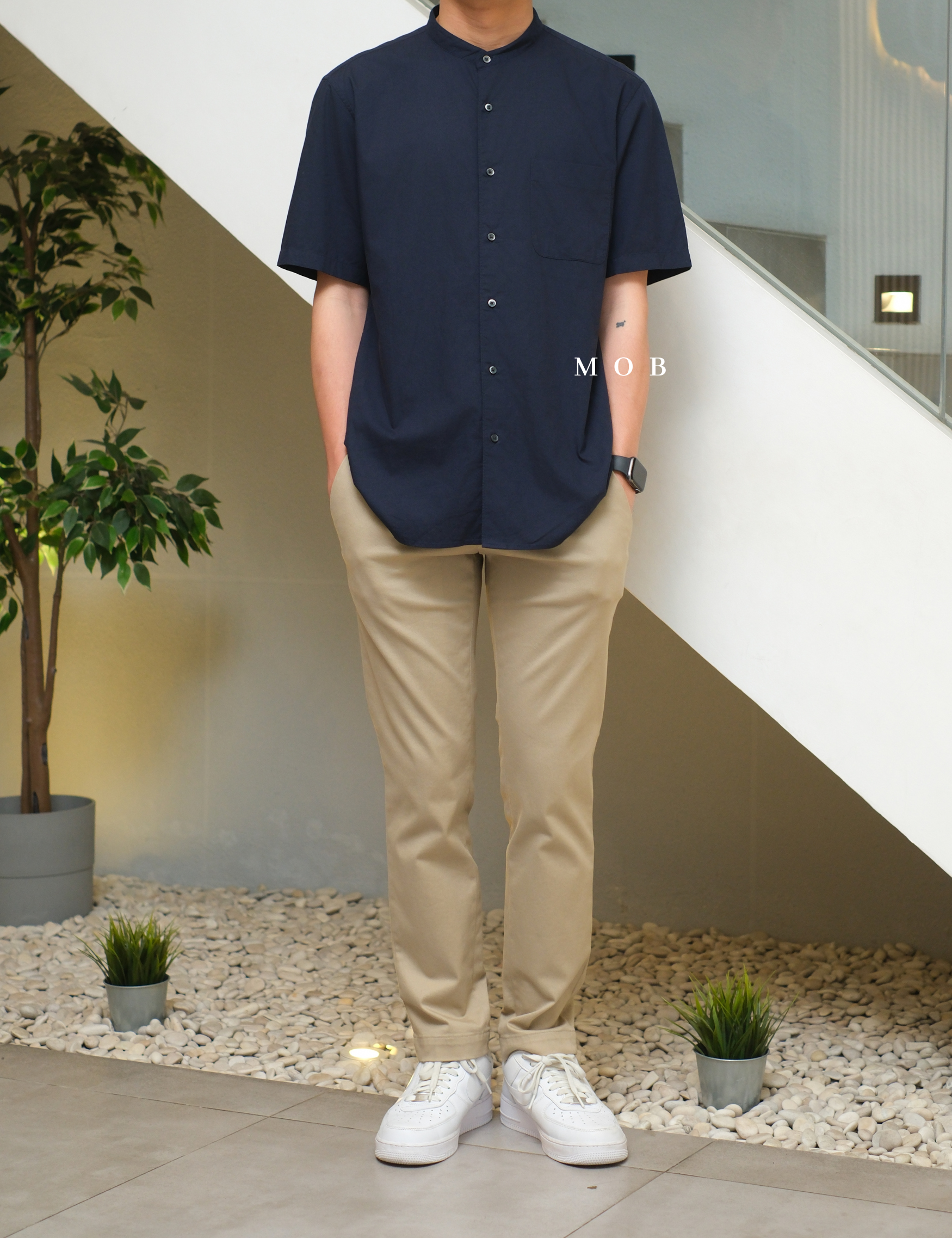 UNQSSS06001A Cotton STAND COLLAR SS Shirt Navy
