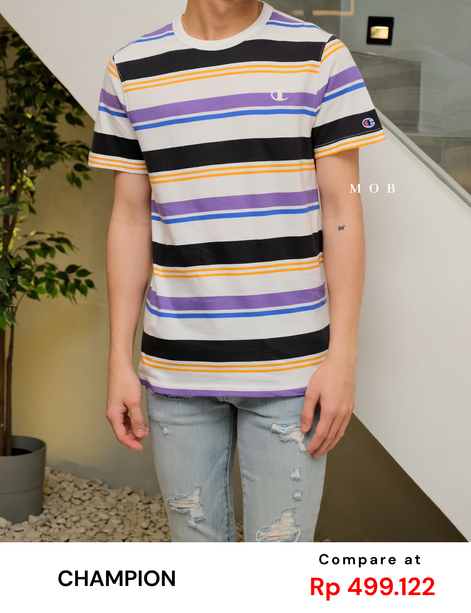CHMPSST2114 Classic Print SS Tee White Purple Stripe