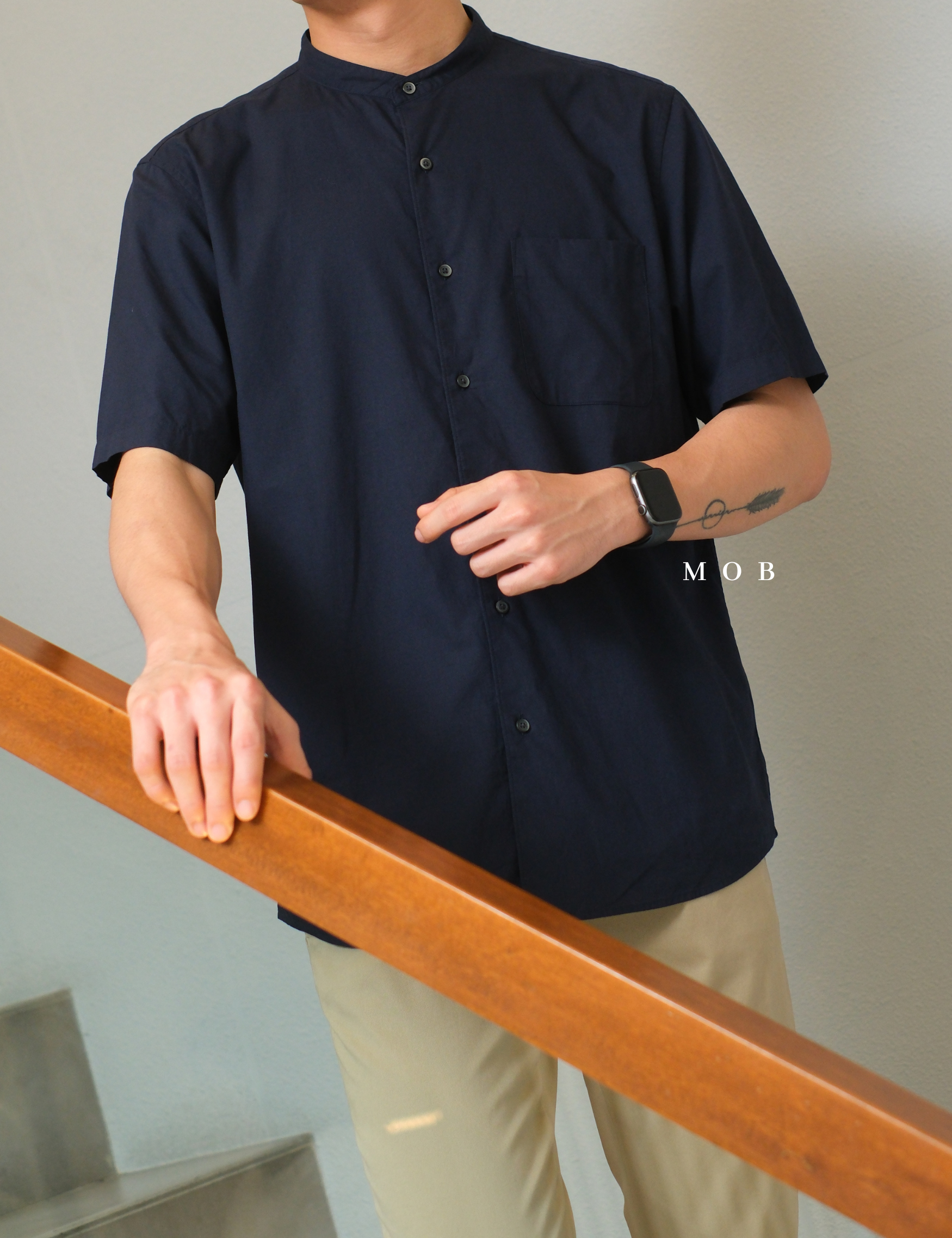 UNQSSS06001A Cotton STAND COLLAR SS Shirt Navy