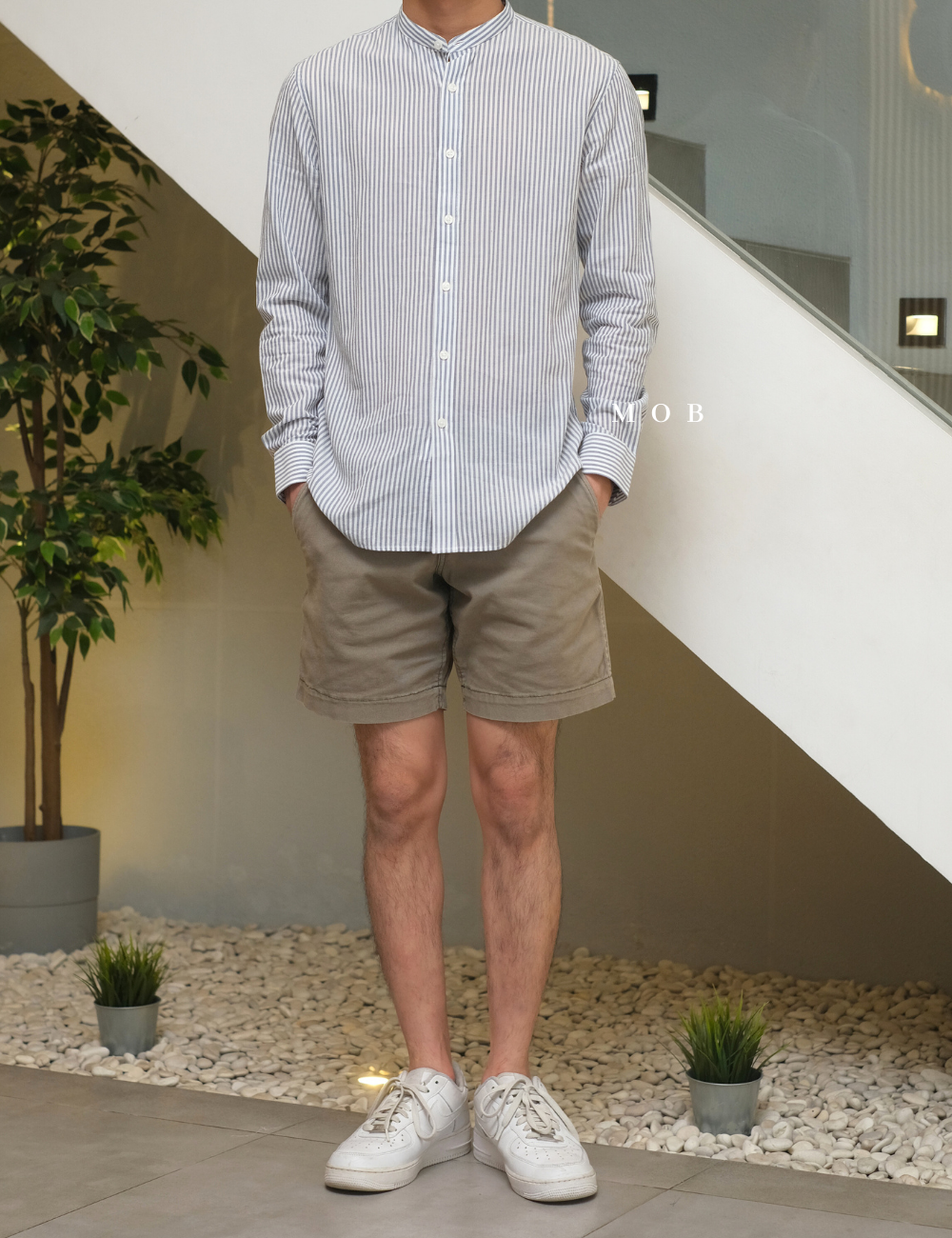 MSTLSS02014 Stand Collar LS Shirt White Grey Stripe 