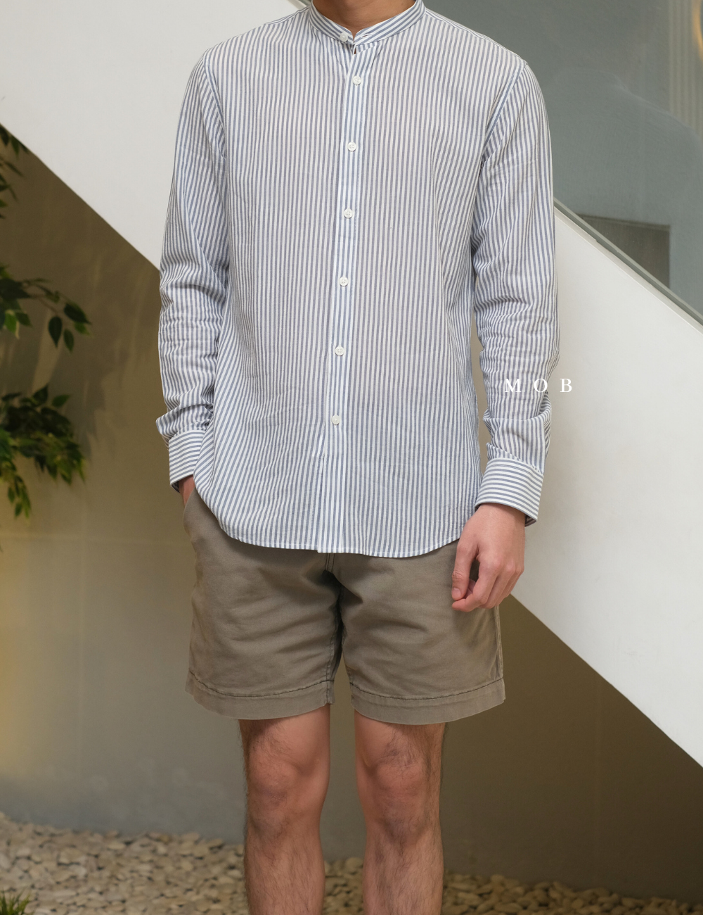MSTLSS02014 Stand Collar LS Shirt White Grey Stripe 