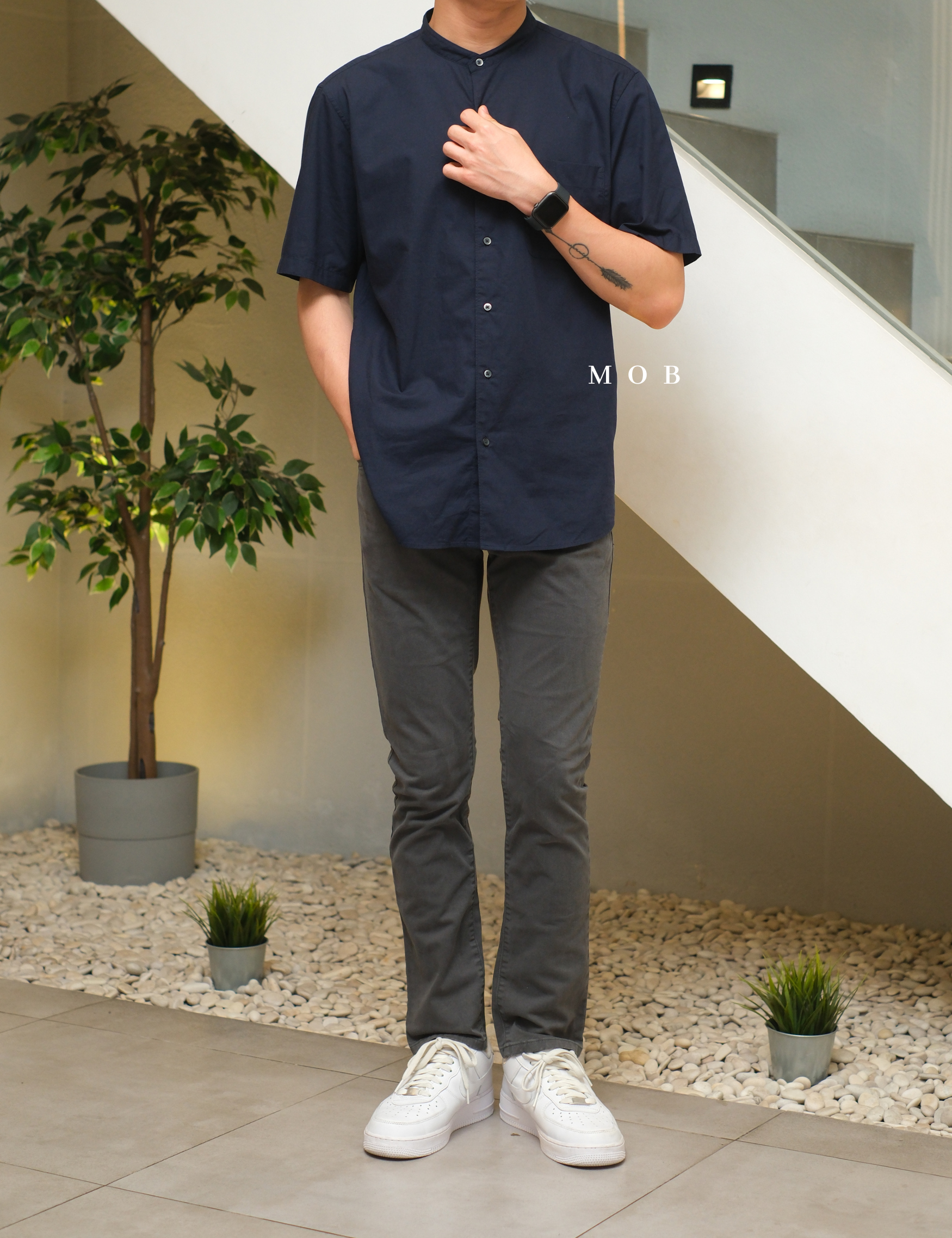 UNQSSS06001A Cotton STAND COLLAR SS Shirt Navy