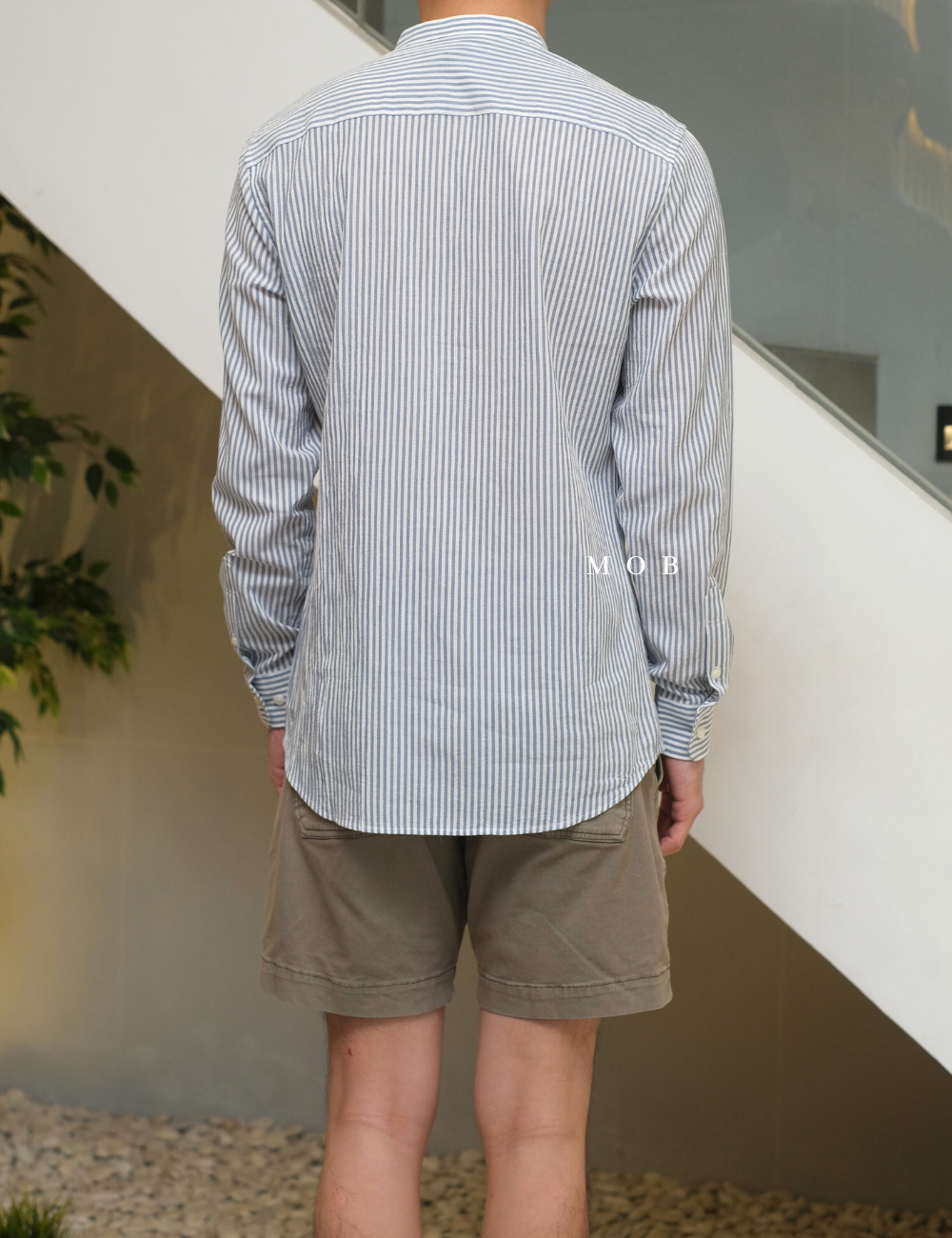 MSTLSS02014 Stand Collar LS Shirt White Grey Stripe 