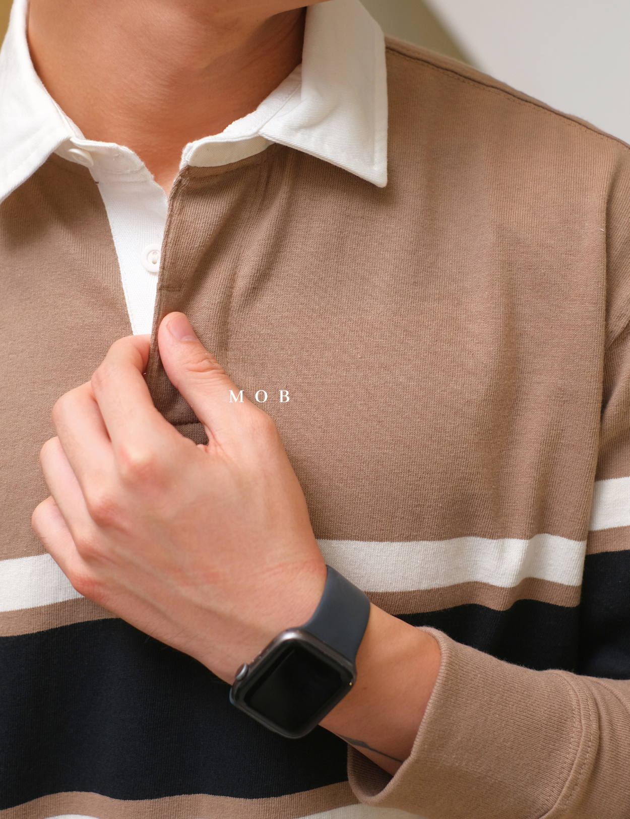 ONPLS01002A Rugby Polo LS Earth Brown Stripe