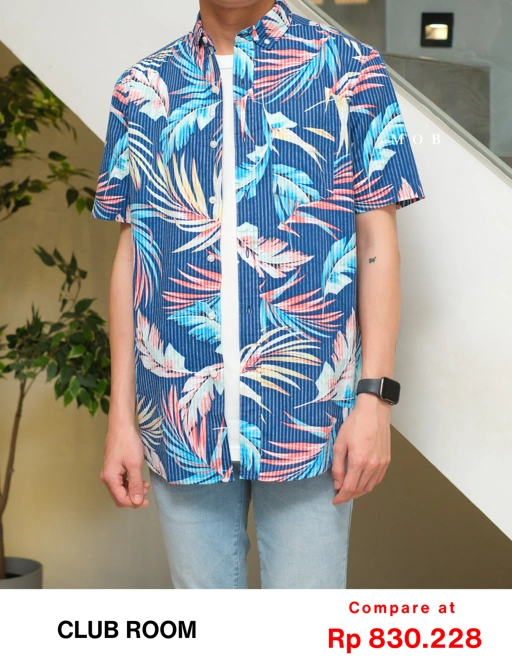 Image of CRSSS03034 Leaf Tropical Seersucker SS Shirt Dark Blue