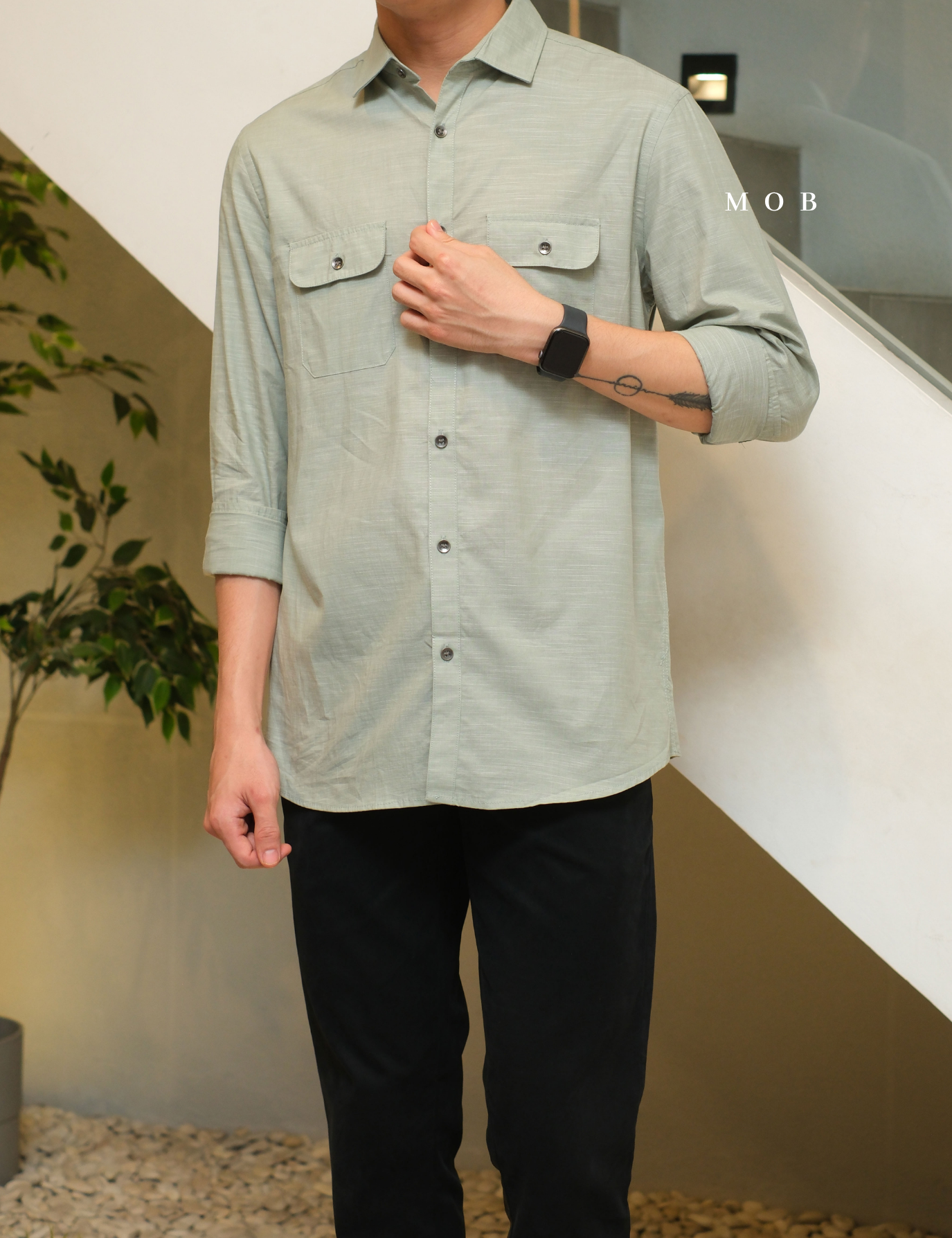 AFLSS01002H Regular Pocket LS Shirt Sage Green Misty