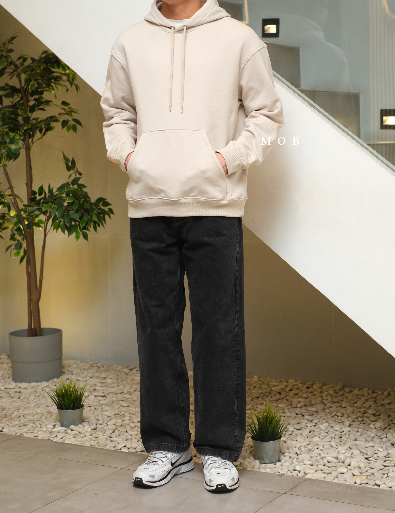 HMHOD04003 Loose Basic Pullover Hoodie Beige (V2)