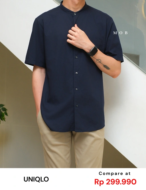 Image of UNQSSS06001A Cotton STAND COLLAR SS Shirt Navy
