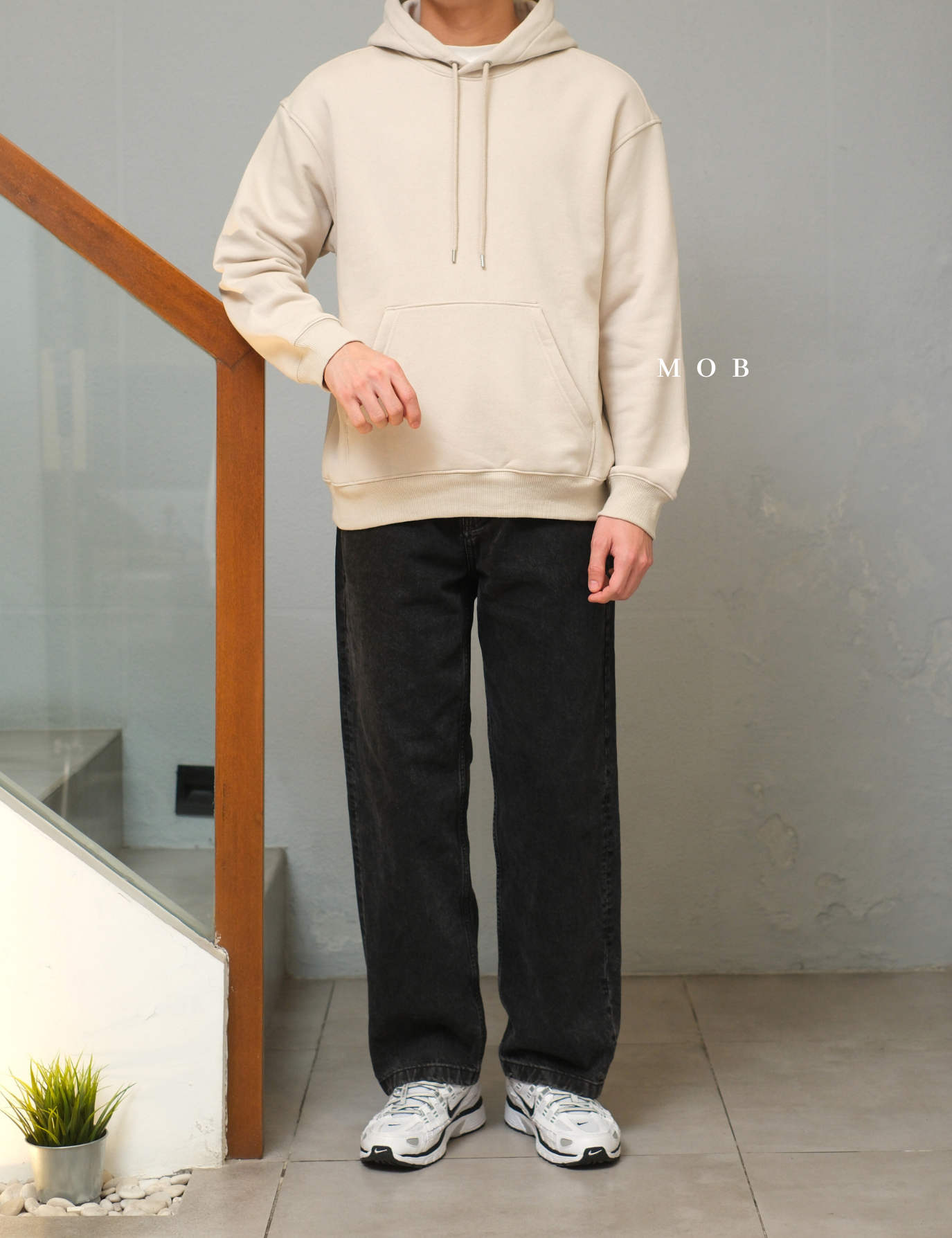 HMHOD04003 Loose Basic Pullover Hoodie Beige (V2)