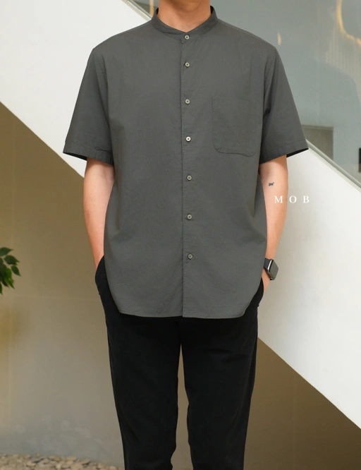 Image of UNQSSS06001C Cotton STAND COLLAR SS Shirt Dark Grey