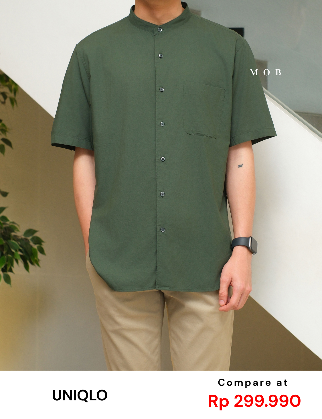 UNQSSS06001E Cotton STAND COLLAR SS Shirt Green