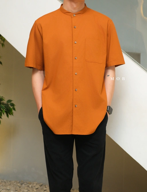 Image of UNQSSS06001D Cotton STAND COLLAR SS Shirt Mustard