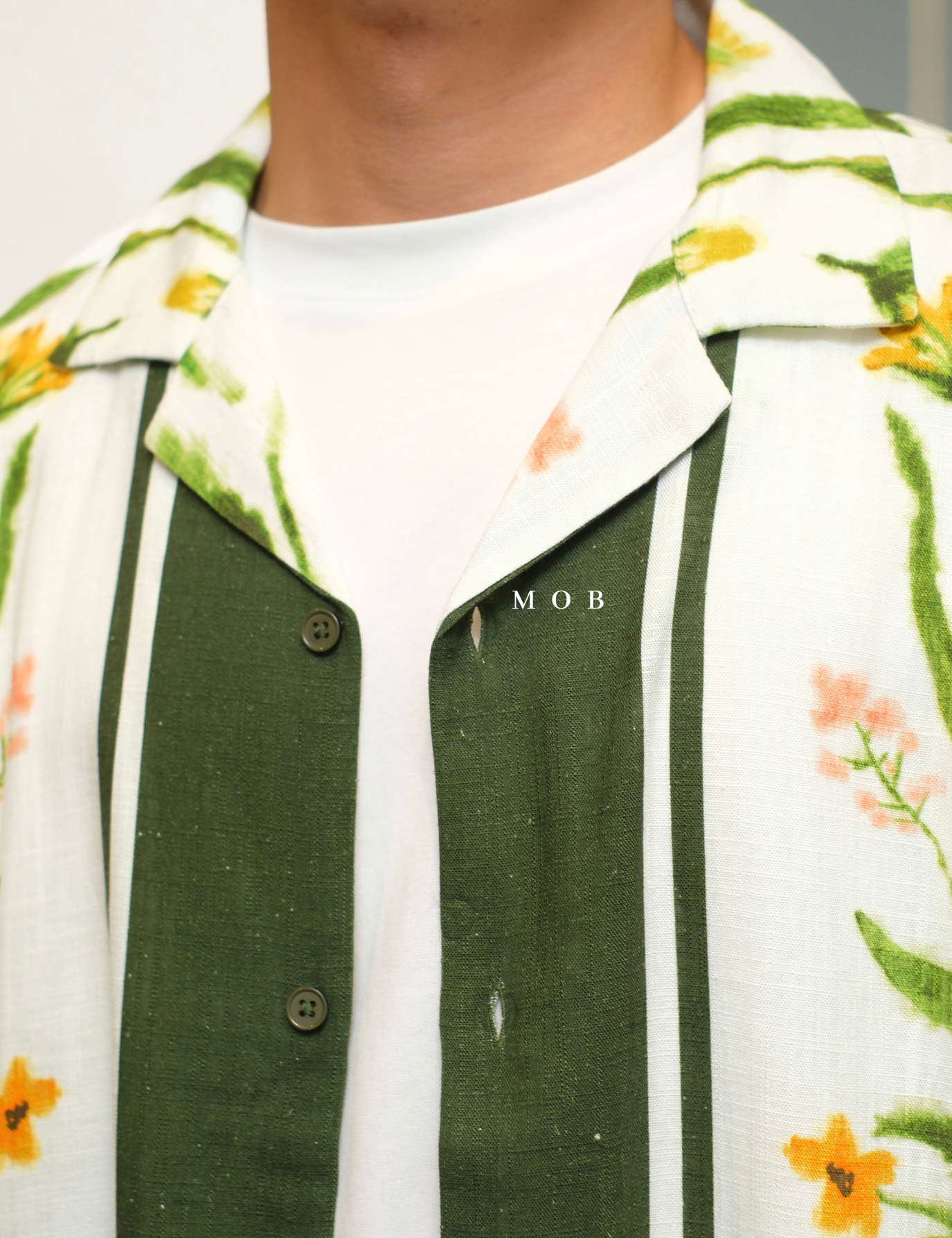 ICN01SSS002-001 Linen Blend Camp Collar SS Shirt White Floral