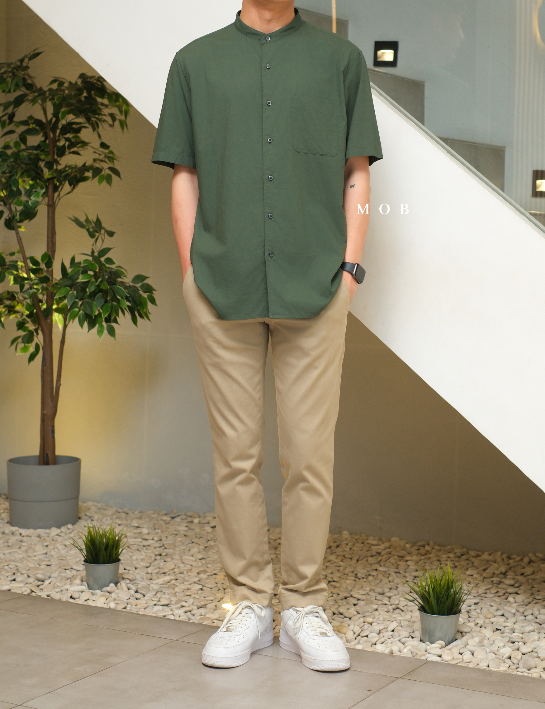 UNQSSS06001E Cotton STAND COLLAR SS Shirt Green