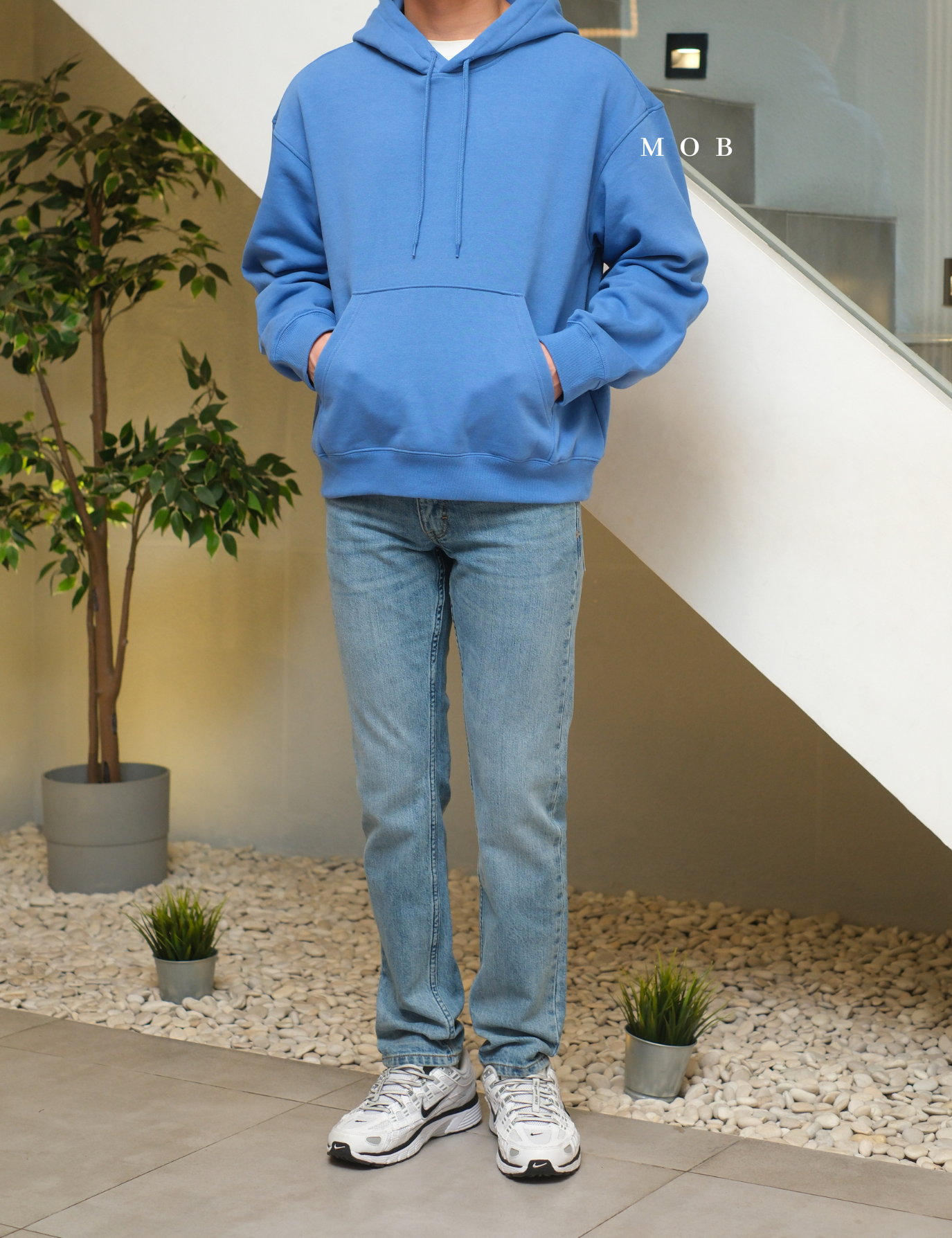 HMHOD04005 Loose Basic Pullover Hoodie Blue