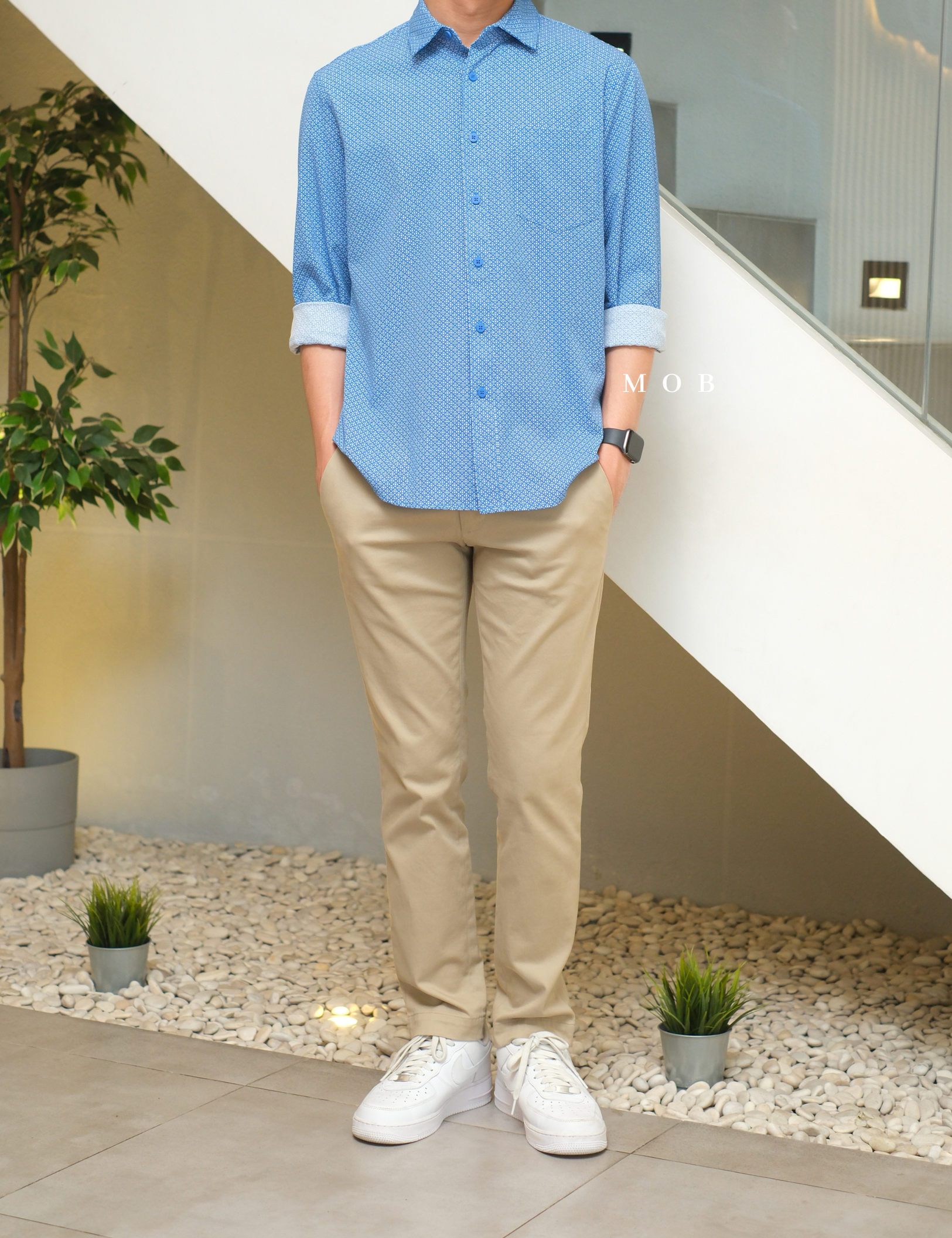 APTLSS01006 Slim Performance LS Shirt Blue Geometric Abstract
