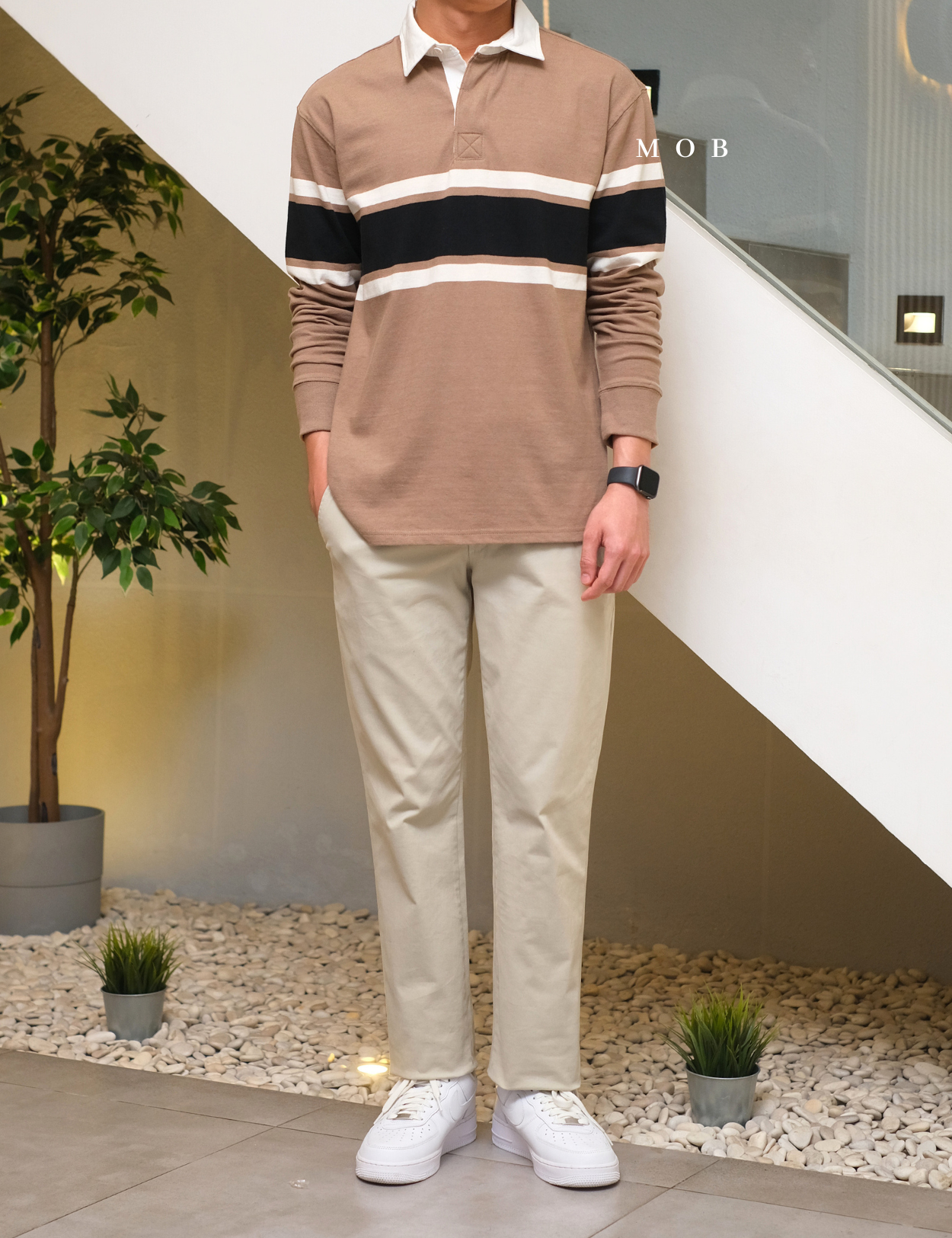 ONPLS01002A Rugby Polo LS Earth Brown Stripe