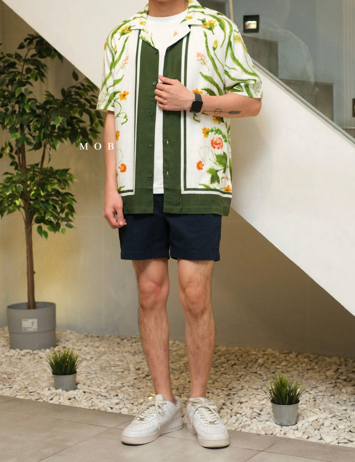 ICN01SSS002-001 Linen Blend Camp Collar SS Shirt White Floral