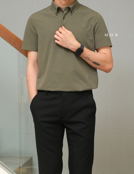 Image of ARKPSS03004 Hybrid Button Down Collar Polo Shirt Olive Forest