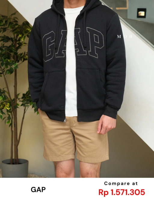 Image of GPFZ03002 Relaxed Logo Sherpa Full Zip Hoodie Black