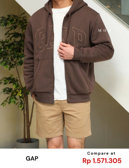 Image of GPFZ03003 Relaxed Logo Sherpa Full Zip Hoodie Brown