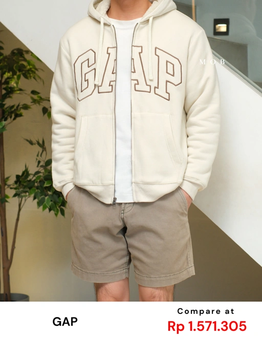 Image of GPFZ03004 Relaxed Logo Sherpa Full Zip Hoodie Beige