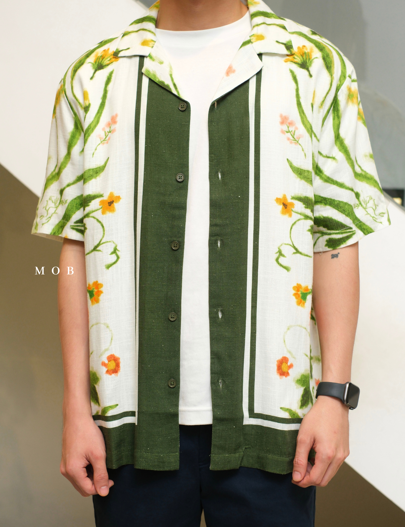 ICN01SSS002-001 Linen Blend Camp Collar SS Shirt White Floral