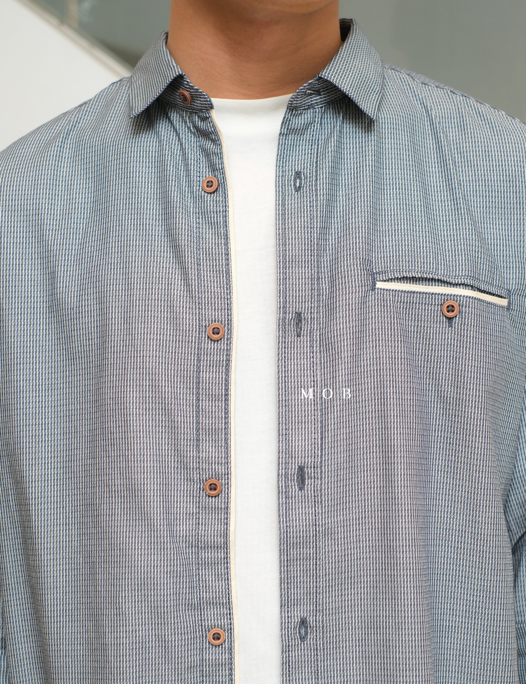 TTLSS03006 Regular Pocket LS Shirt Navy White Stripy Structure